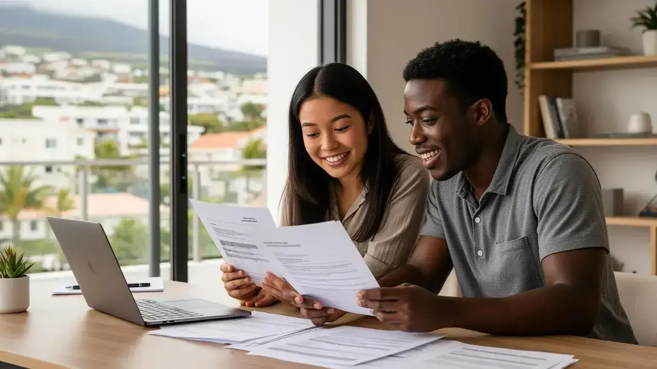Jeune couple réunionnais multi-ethnique étudiant leur projet immobilier à La Réunion